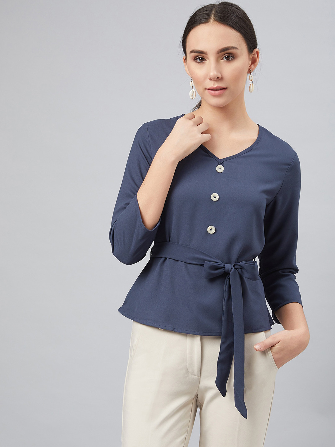 Marie Claire Women Navy Blue Solid Peplum Top With Belt