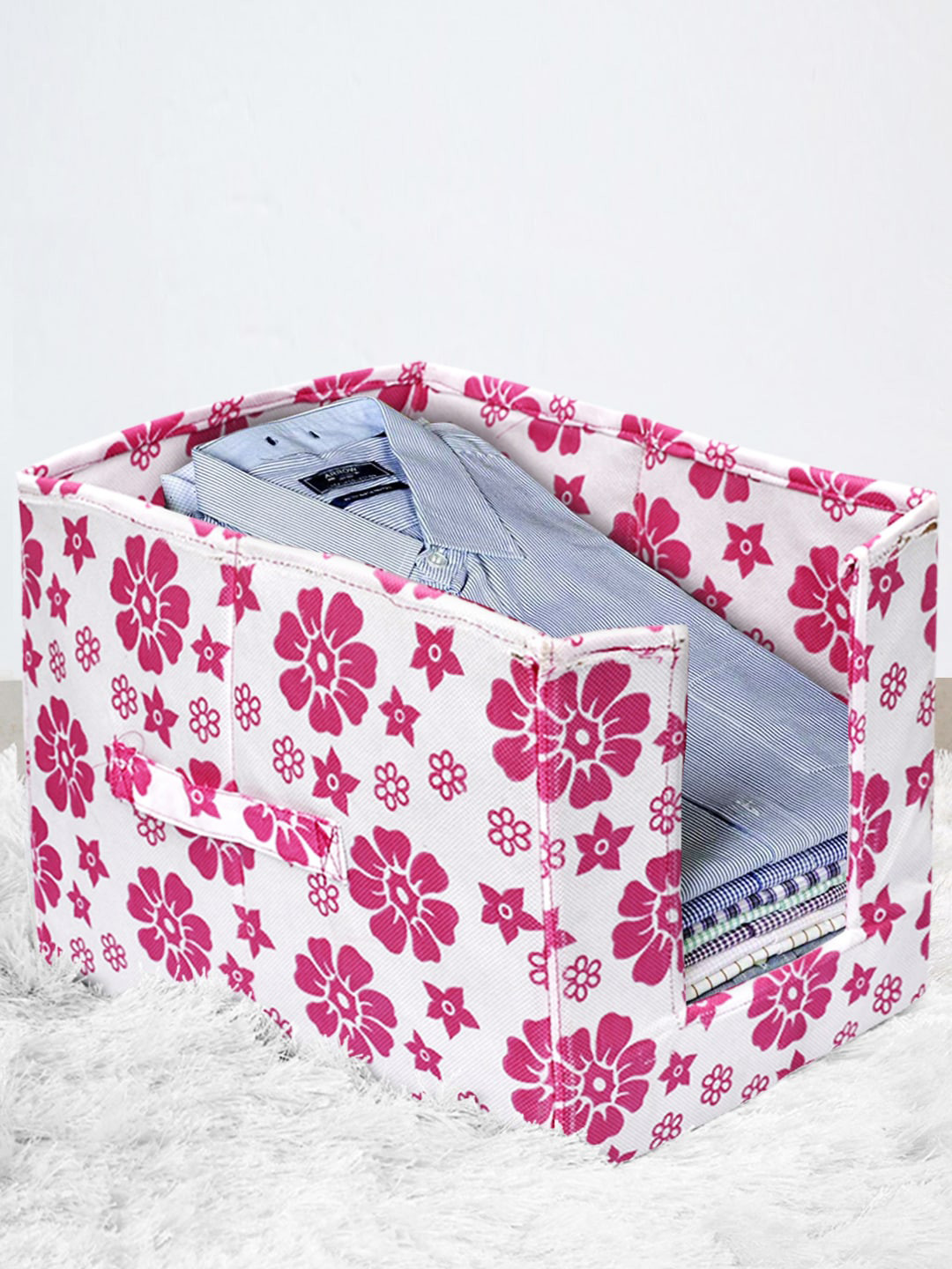 Kuber Industries White & Pink Flower Printed Shirt Stacker Organiser With Handle