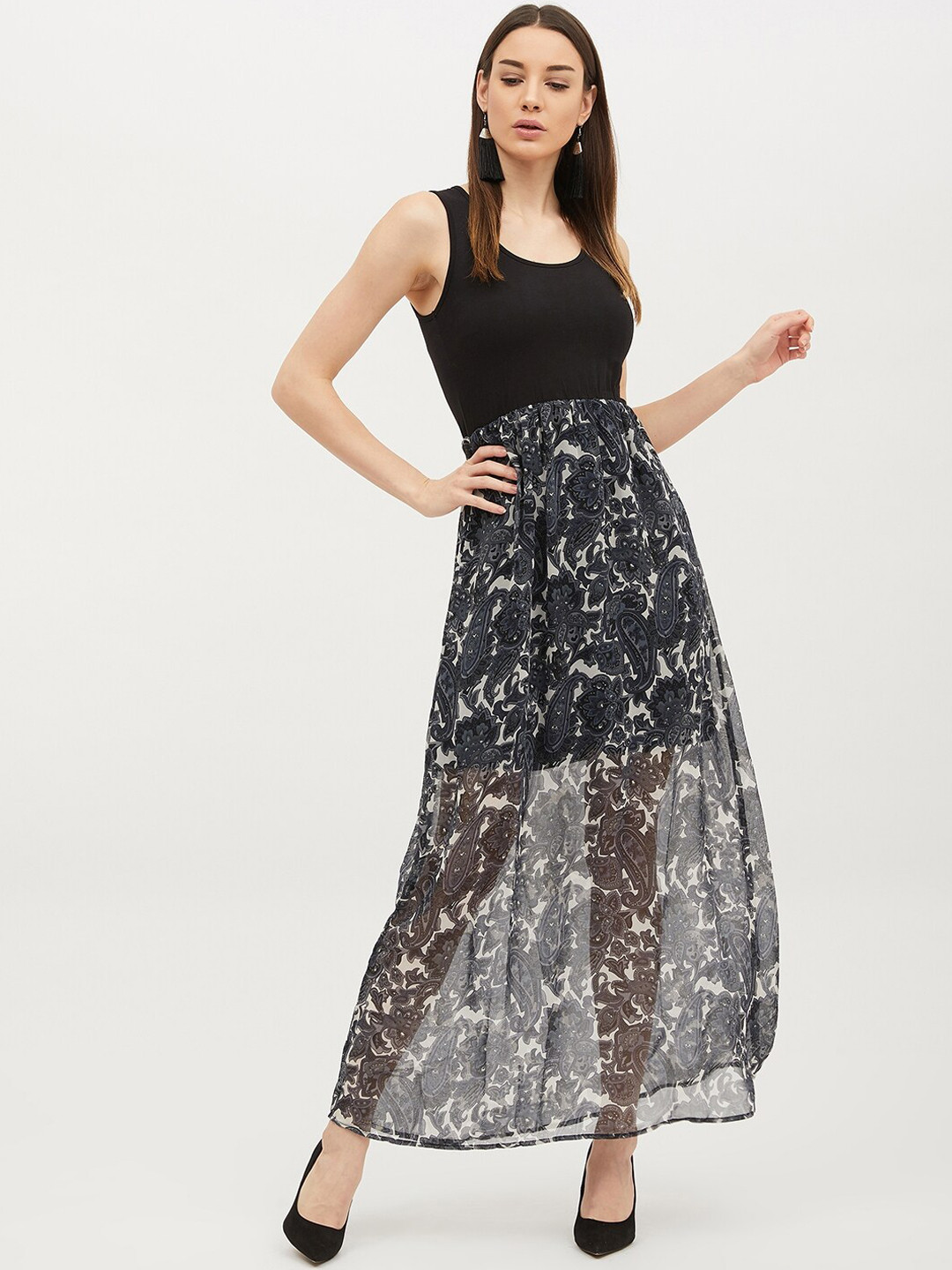 Harpa Women Black Printed Semi-Sheer Maxi Dress