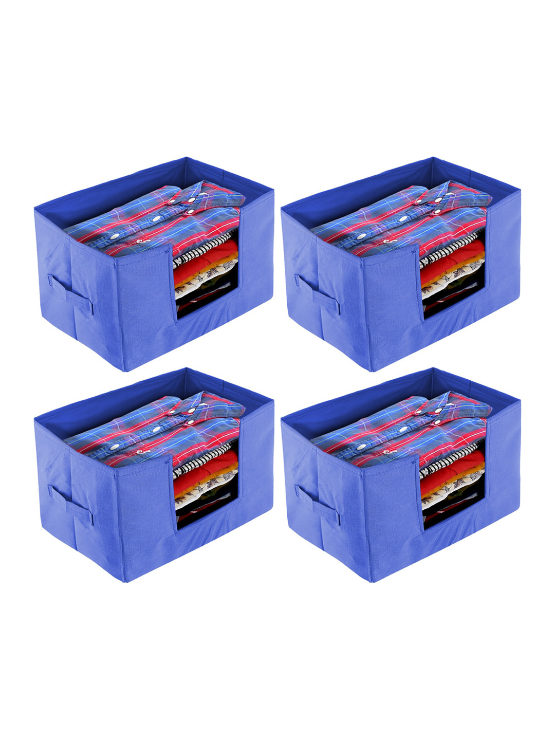 Kuber Industries Set Of 4 Blue Solid Shirt Stacker Organisers With Handles