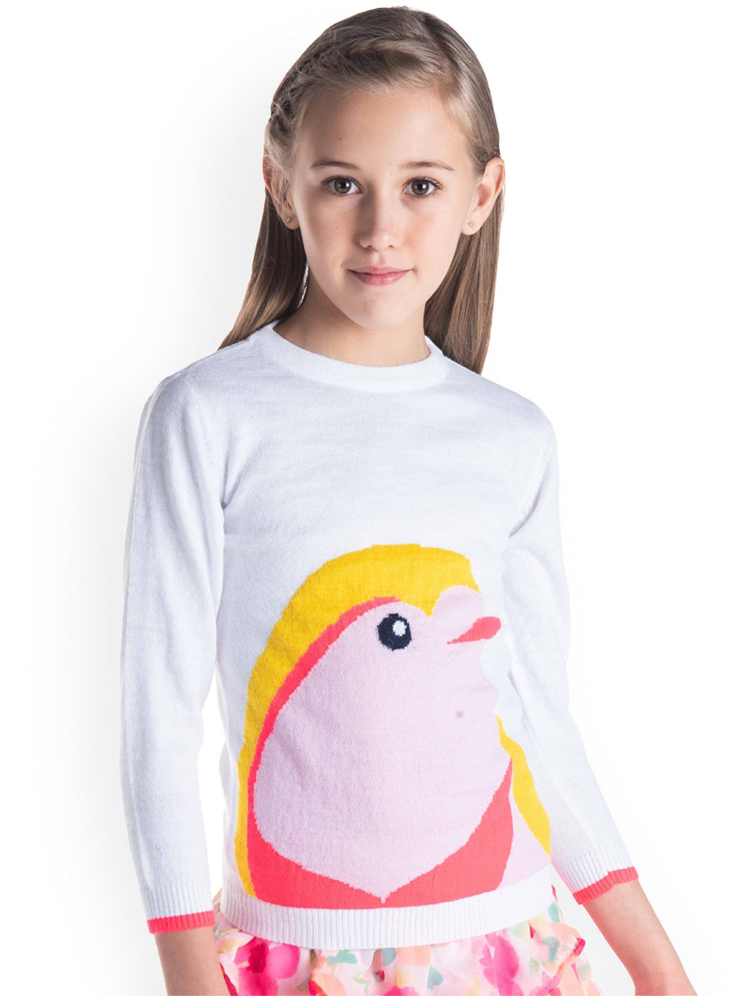 Cherry Crumble Girls White & Pink Animal Graphics Printed Pullover Sweater