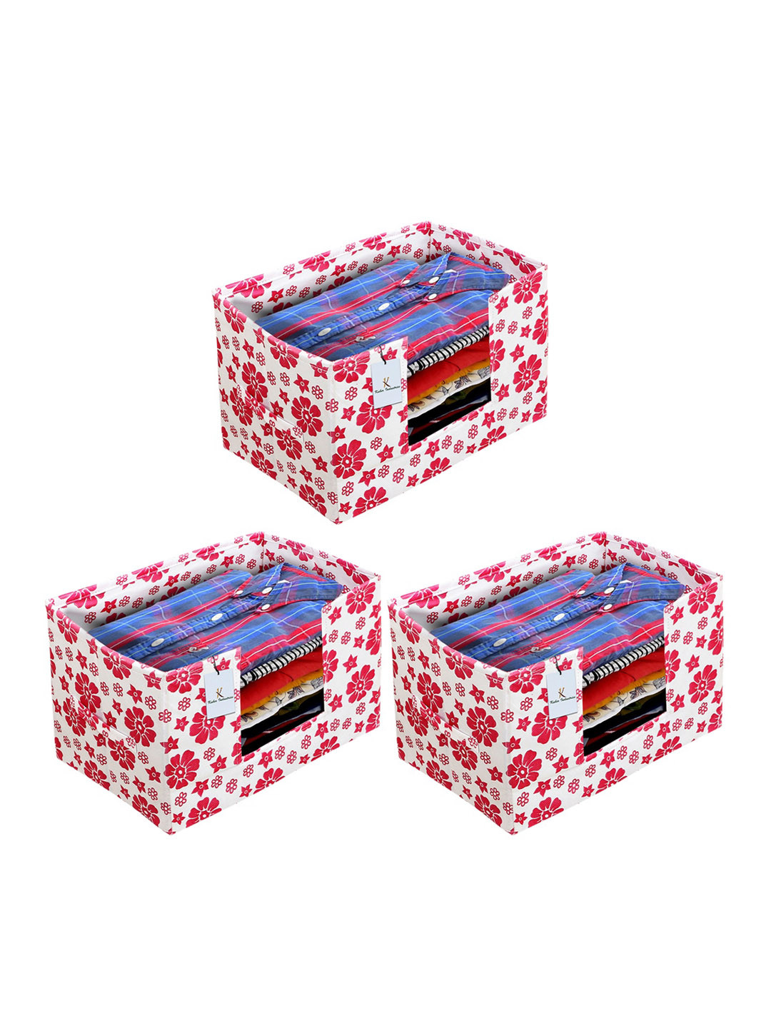 Kuber Industries Set Of 3 White & Pink Flower Printed Shirt Stacker Organisers With Handles