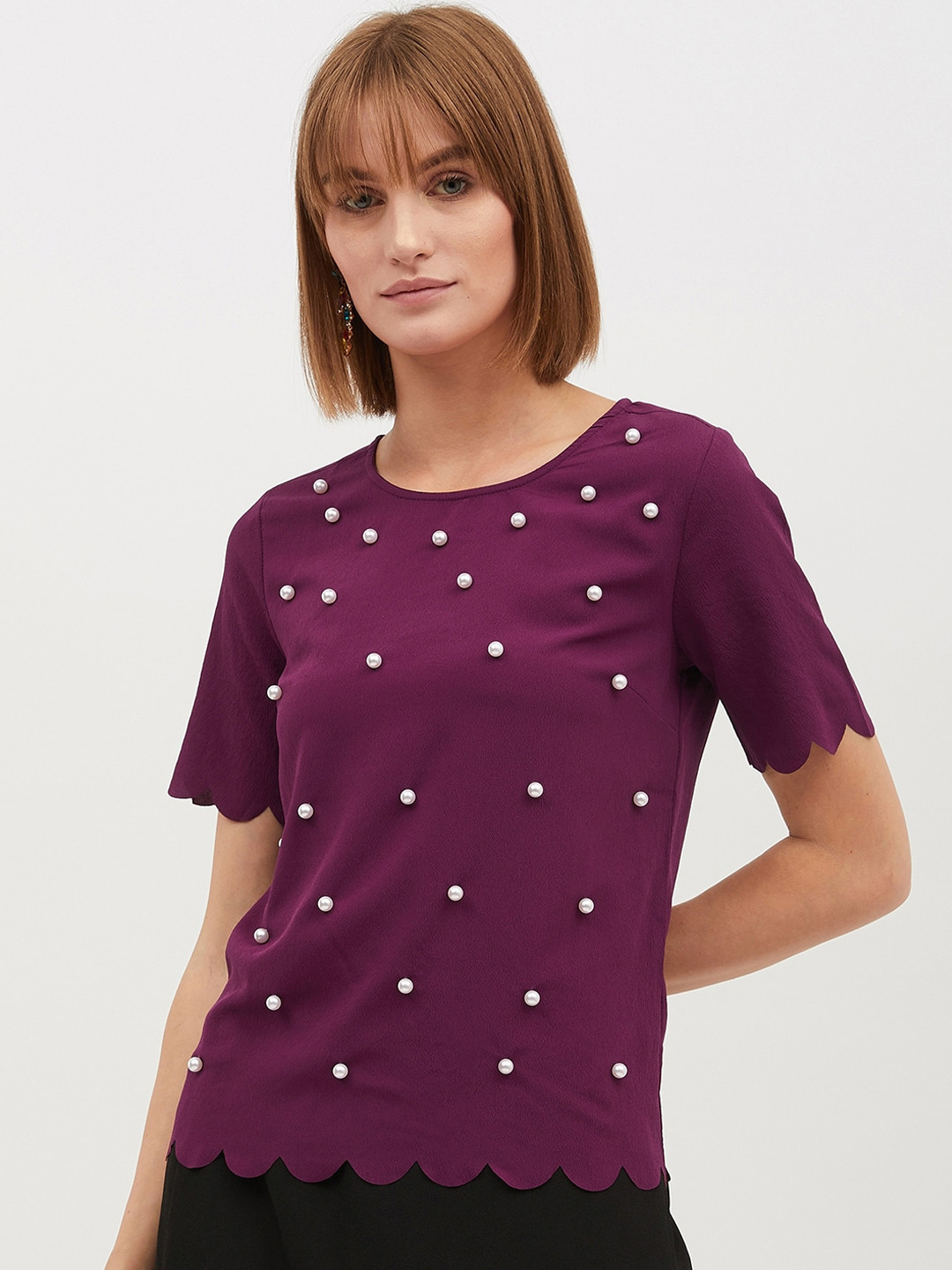 Harpa Women Burgundy Pearl Embellished Top