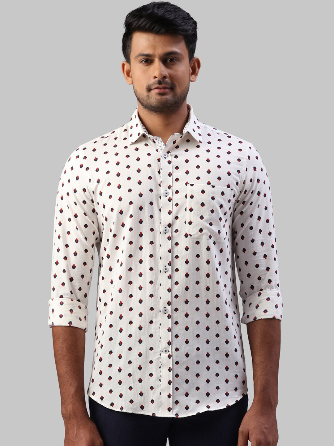 Raymond Men White & Navy Blue Regular Fit Printed Casual Shirt