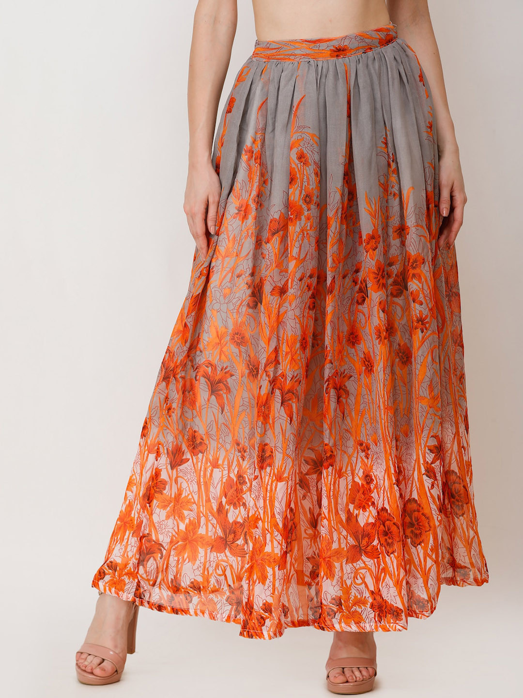 SCORPIUS Women Grey & Orange Floral Printed Flared Maxi Chiffon Skirt