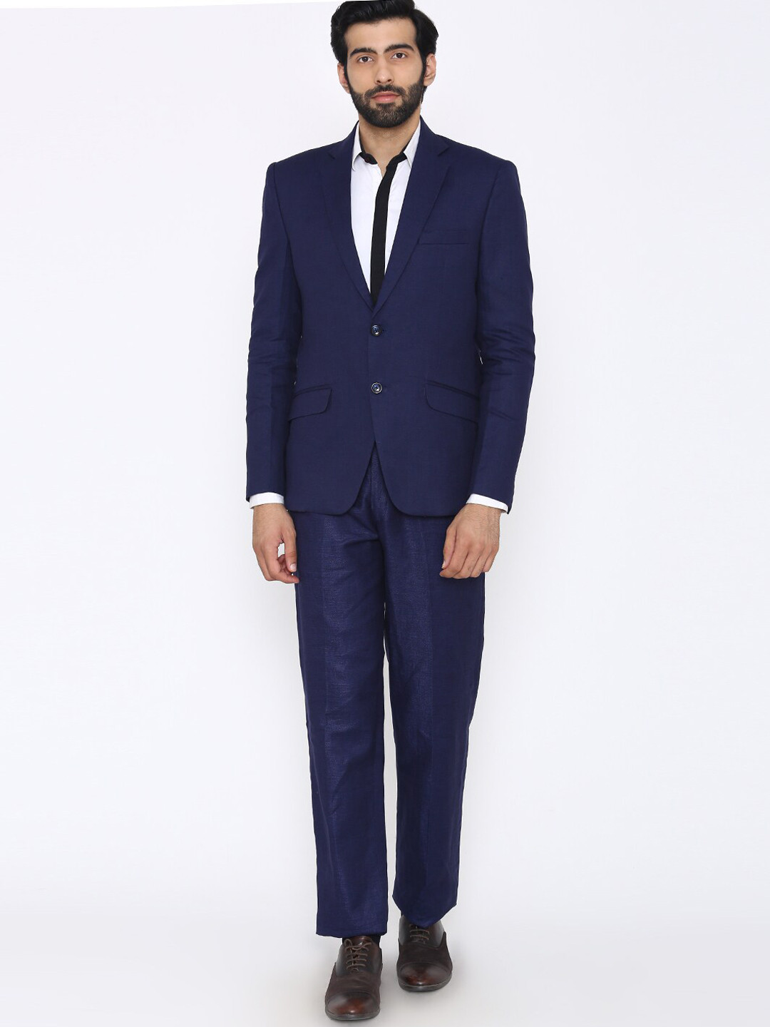 Wintage Men Navy Blue Solid Tailored-Fit Single-Breasted Pure Linen Formal Suit
