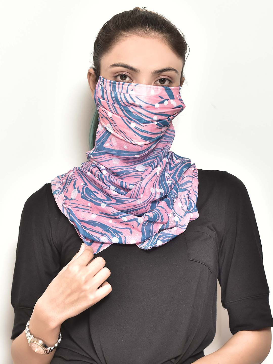 SWAYAM Women Blue & Pink Printed Single 3-Ply Outdoor Protective Scarf Style Face Mask