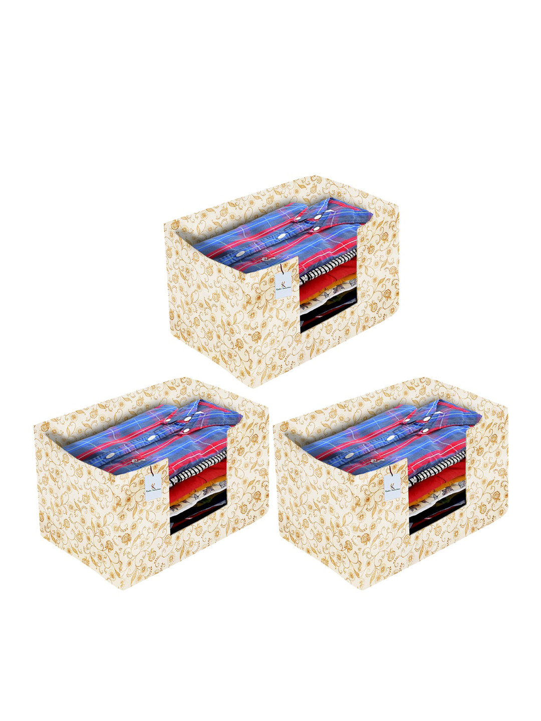 Kuber Industries Set Of 3 Brown & Beige Metallic Printed Shirt Stacker Organisers With Handles