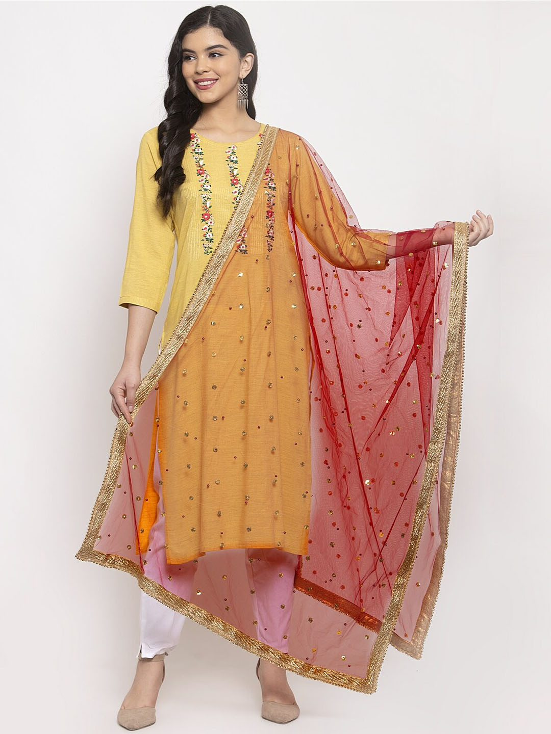 Clora Creation Red & Gold-Toned Gotta Patti Embellished Dupatta