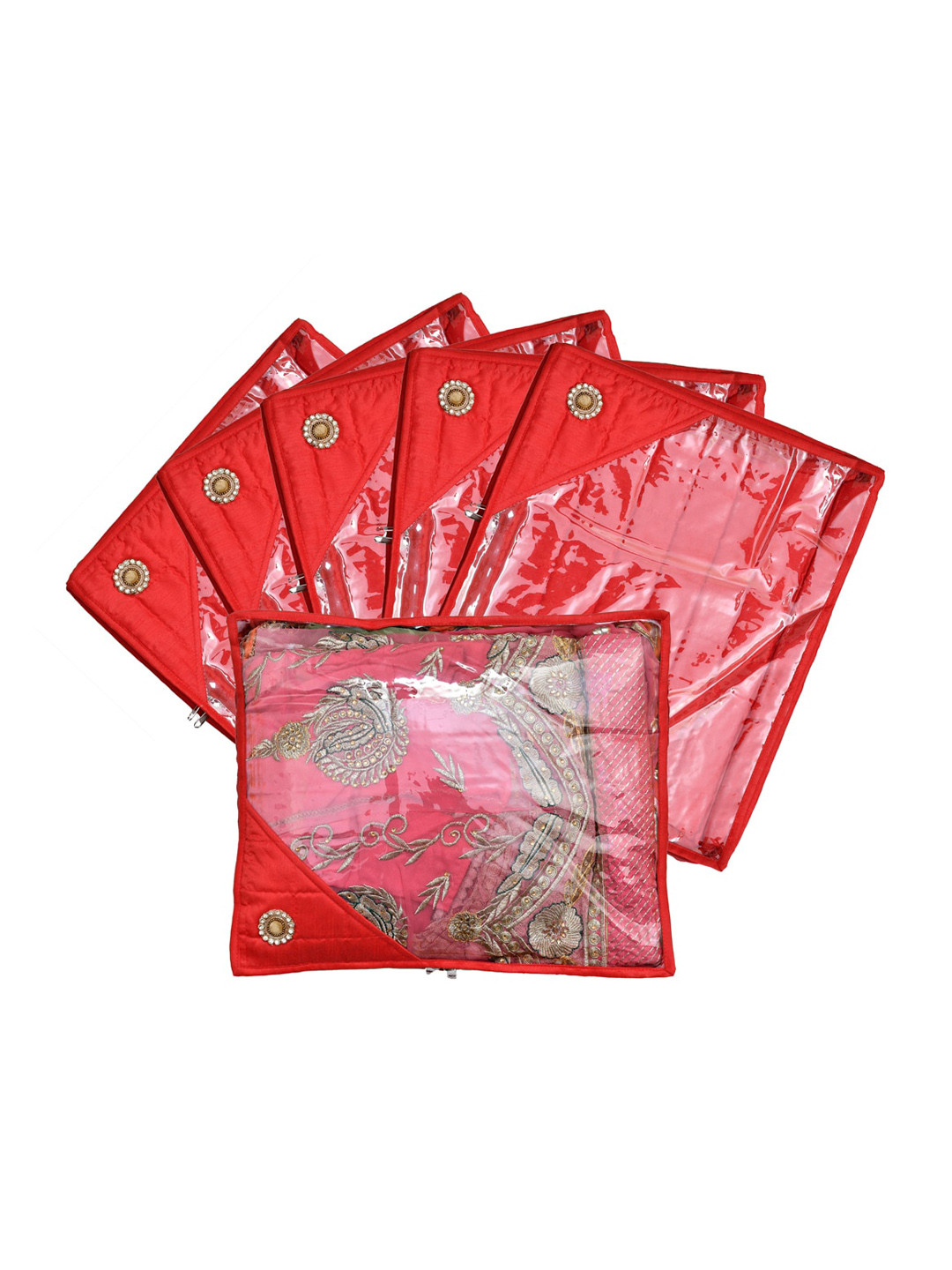 Kuber Industries Set Of 6 Red & Transparent Solid Single Packing Saree Cover Organizers