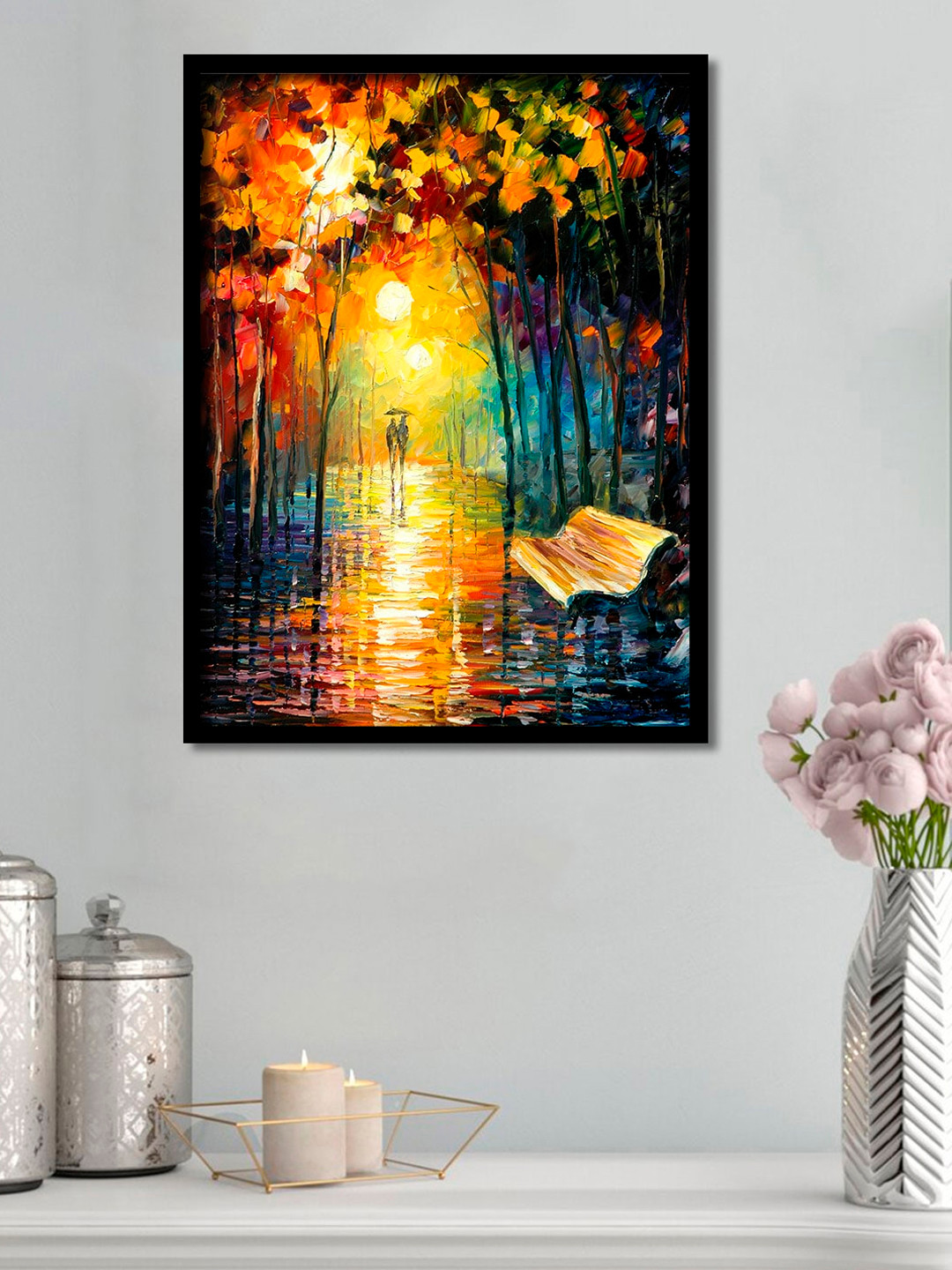 Art Street Yellow & Blue Couple In Rain Framed Canvas Wall Art