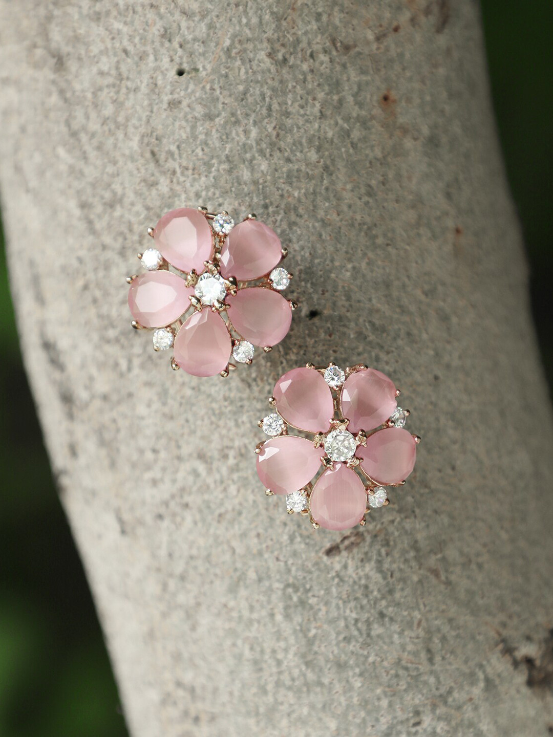Adwitiya Collection Gold-Plated Pink Stone & CZ Accented Floral Stud Earrings