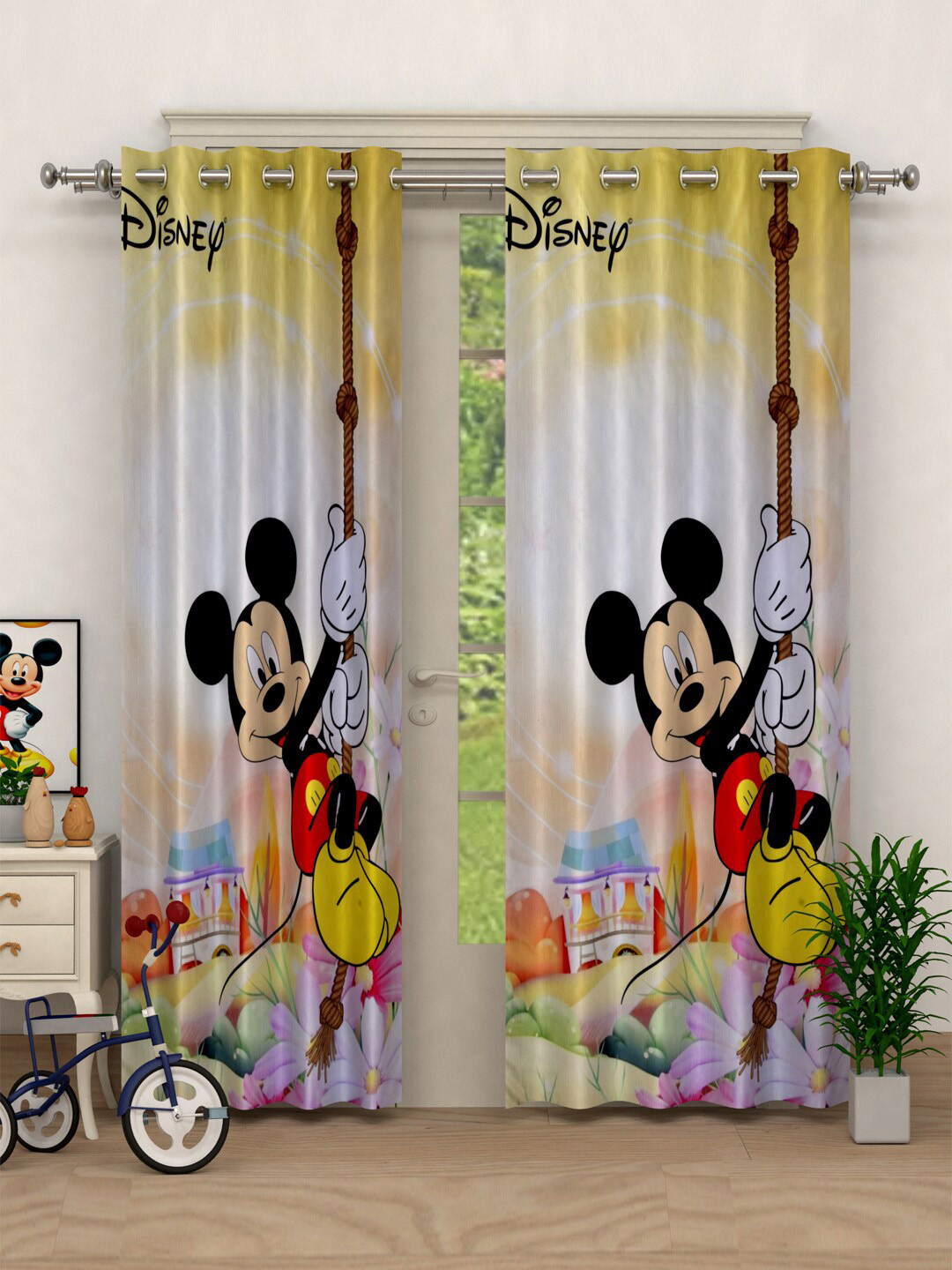 Kuber Industries Yellow Mickey Mouse Printed Set of 2 Door Curtains