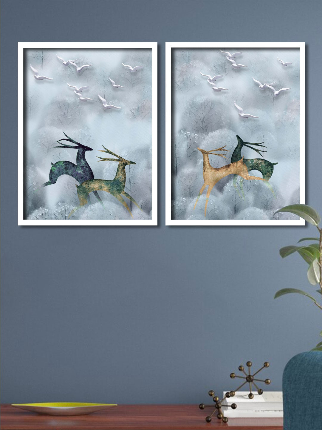 Art Street Set Of 2 Whte & Green Deers Framed Canvas Wall Art