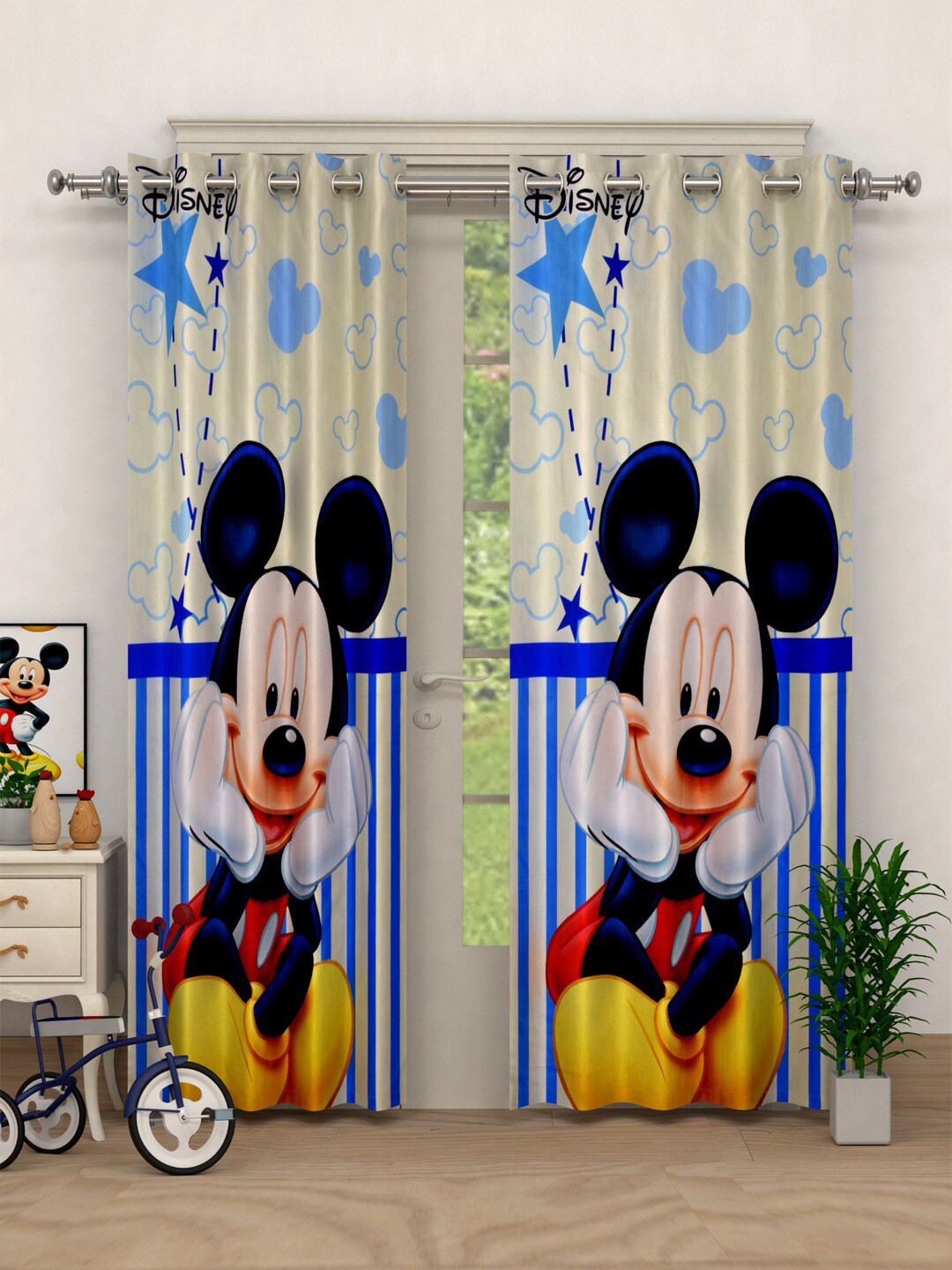 Kuber Industries Multicoloured Set of 2 Mickey Mouse Print Door Curtains