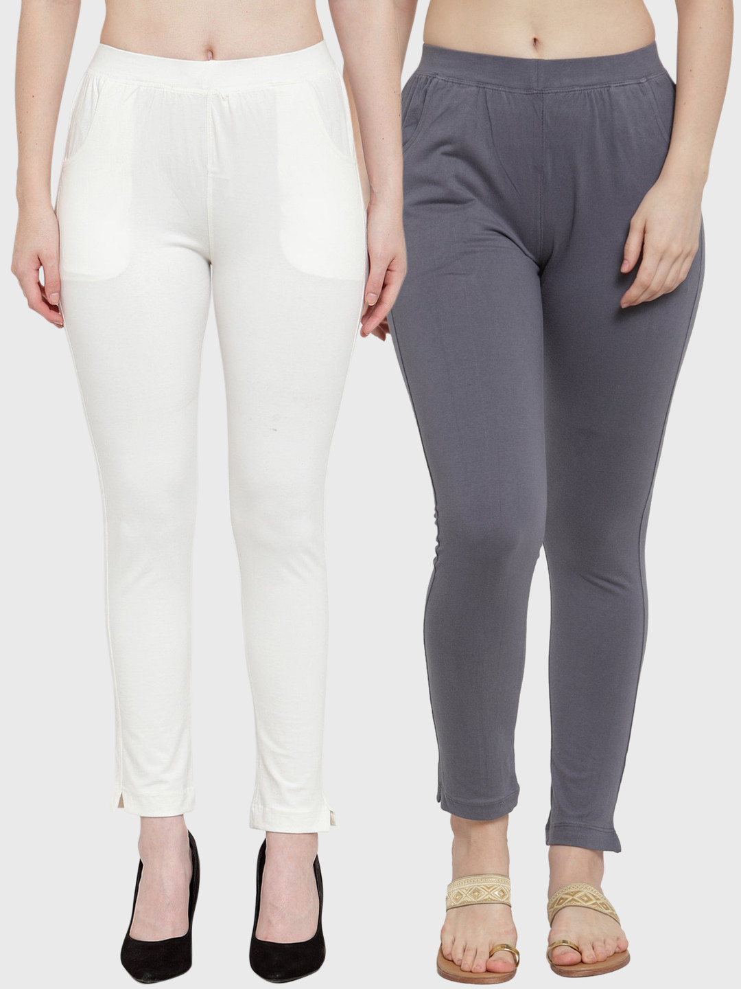 TAG 7 Women Pack Of 2 Grey & Off-White Solid Straight-Fit Ankle-Length Leggings
