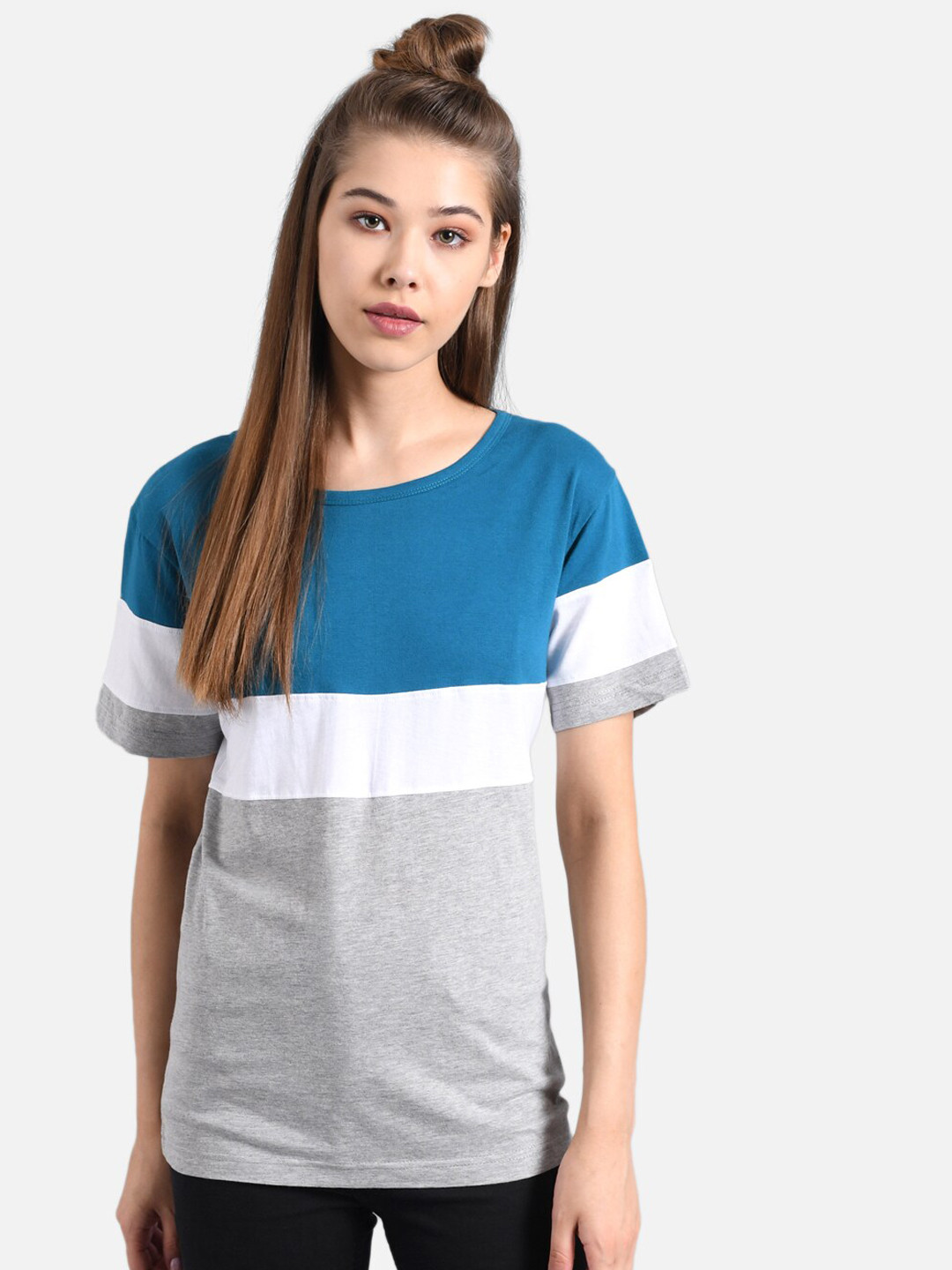 Kotty Women Blue & Grey Colourblocked Round Neck T-shirt