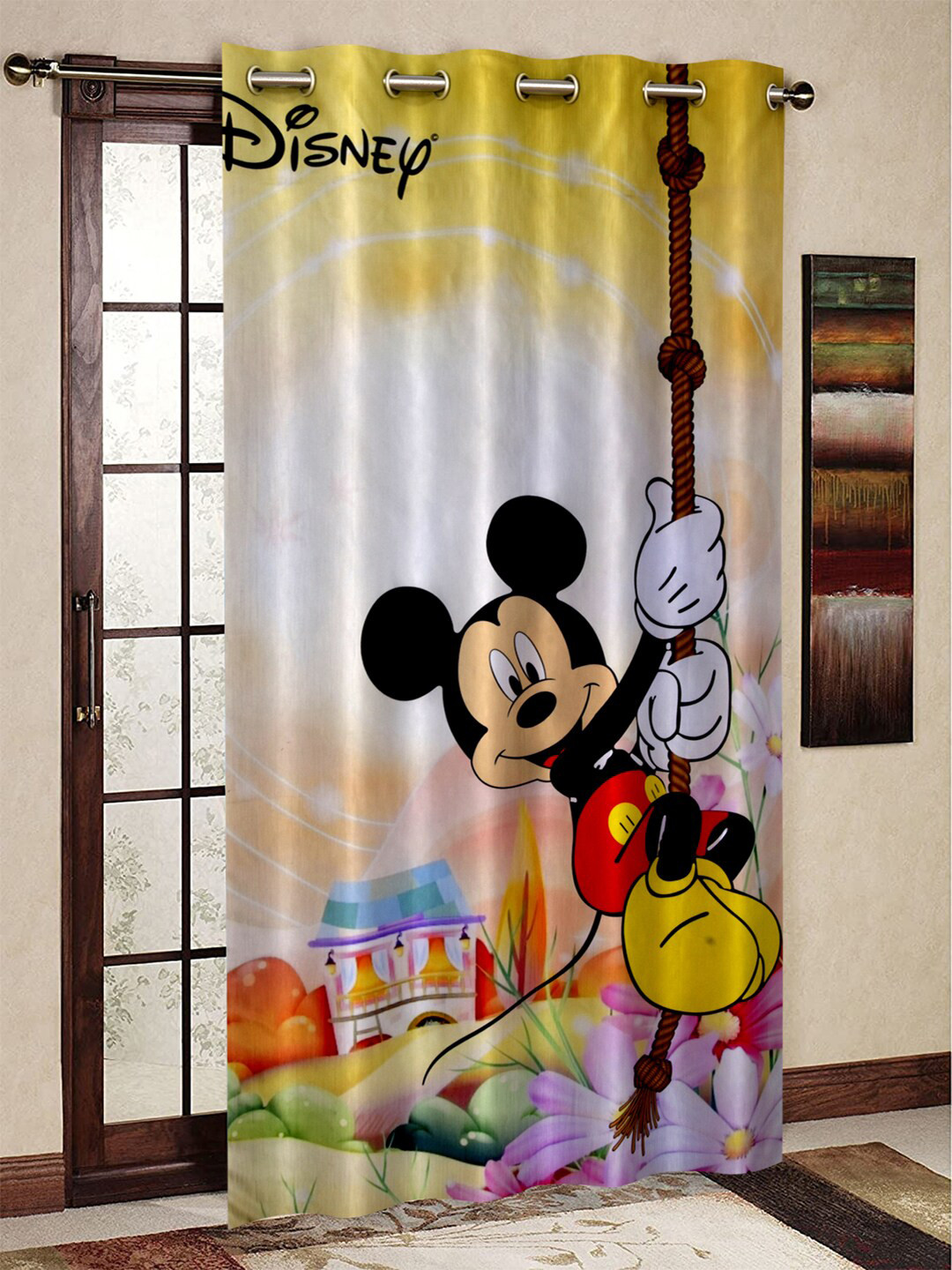 Kuber Industries Yellow Mickey Mouse Printed Single Door Curtain