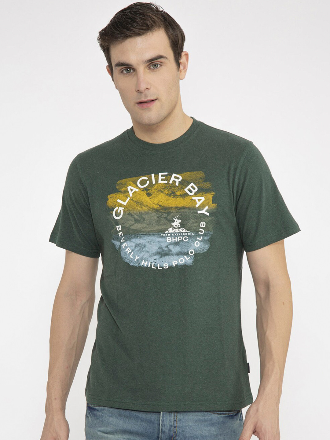 Beverly Hills Polo Club Men Olive Green Printed Round Neck T-shirt