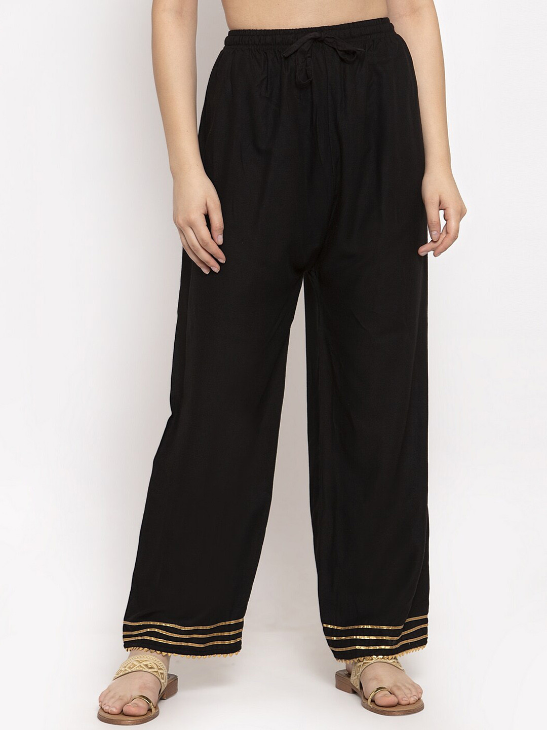 Clora Creation Women Black Embellished Gotta Patti Straight Palazzos