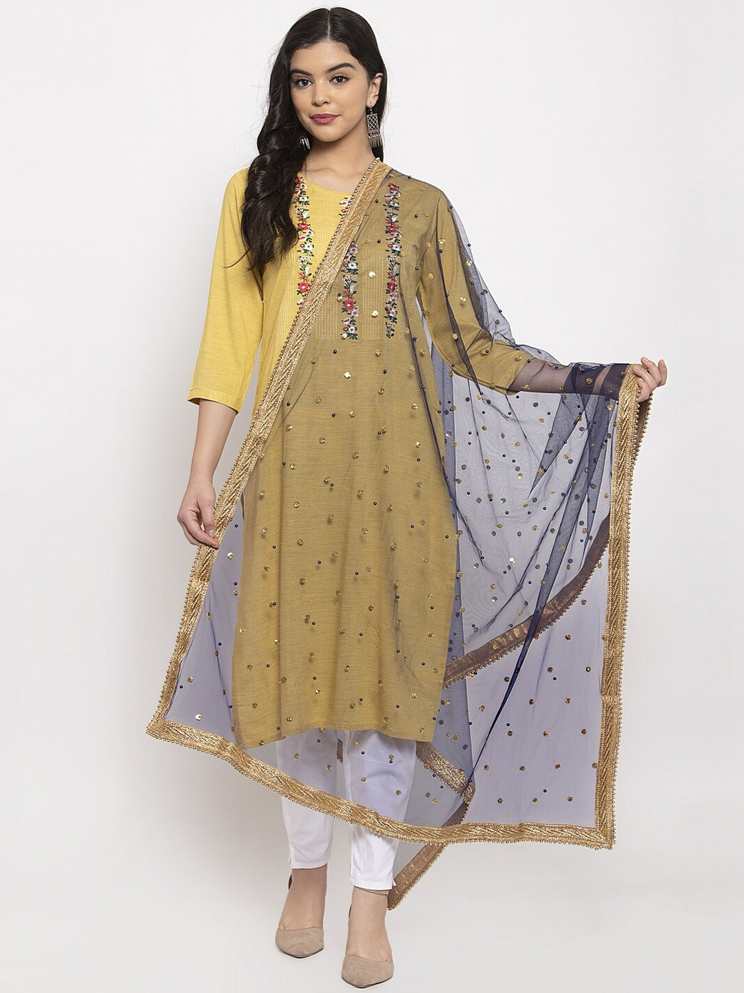 Clora Creation Navy Blue Embroidered Heavy Gotta Patti Net Dupatta