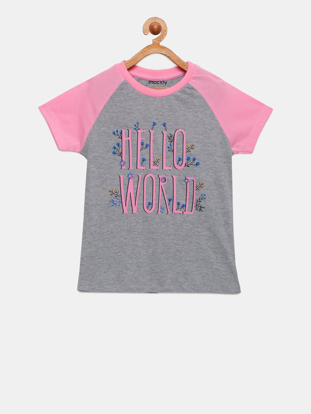 mackly Girls Grey Melange & Pink Colourblocked Lounge T-Shirt