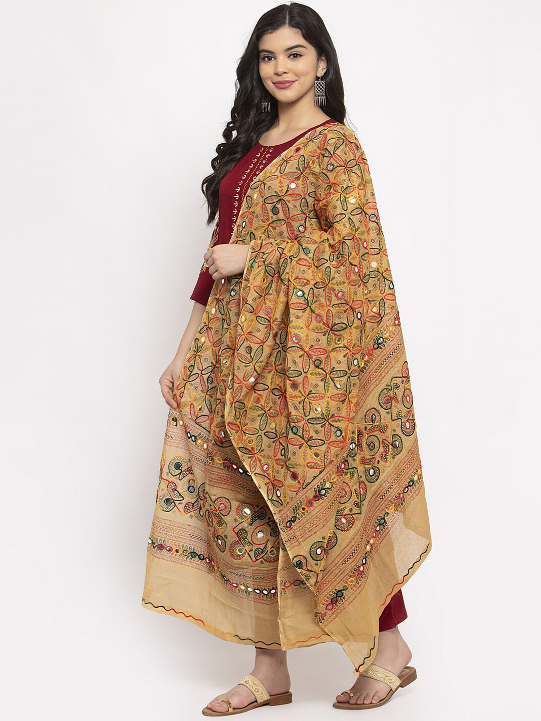 Clora Creation Beige Embroidered Cotton Dupatta
