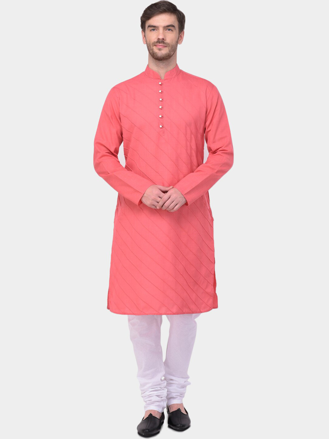 SG LEMAN Men Peach-Coloured & White Solid Panelled Kurta with Churidar