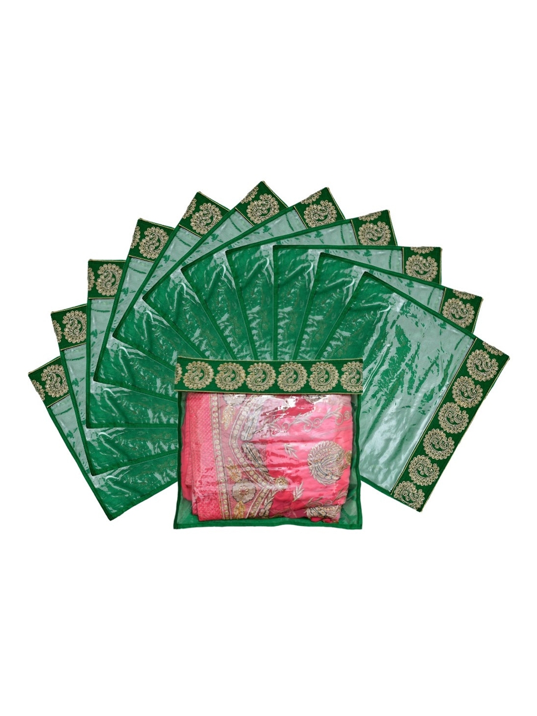 Kuber Industries Set Of 12 Green Transparent Zari Border Flip Single Packing Saree Cover Organizers