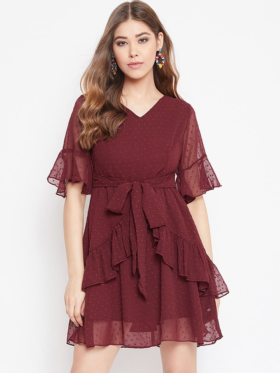 Berrylush Maroon Self Design A-Line Dress