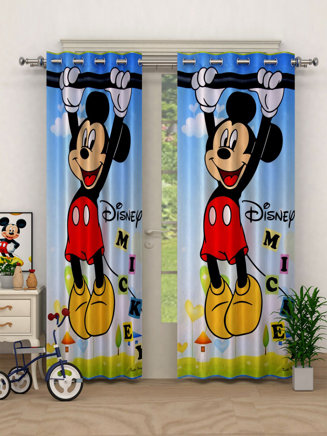 Kuber Industries Multicoloured Mickey Mouse Print Set of 2 Door Curtains