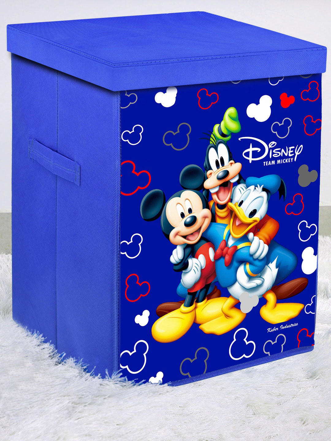 Kuber Industries Blue Printed Disney Team Mickey Multi-Utility Foldable Storage Basket with Lid & Handles