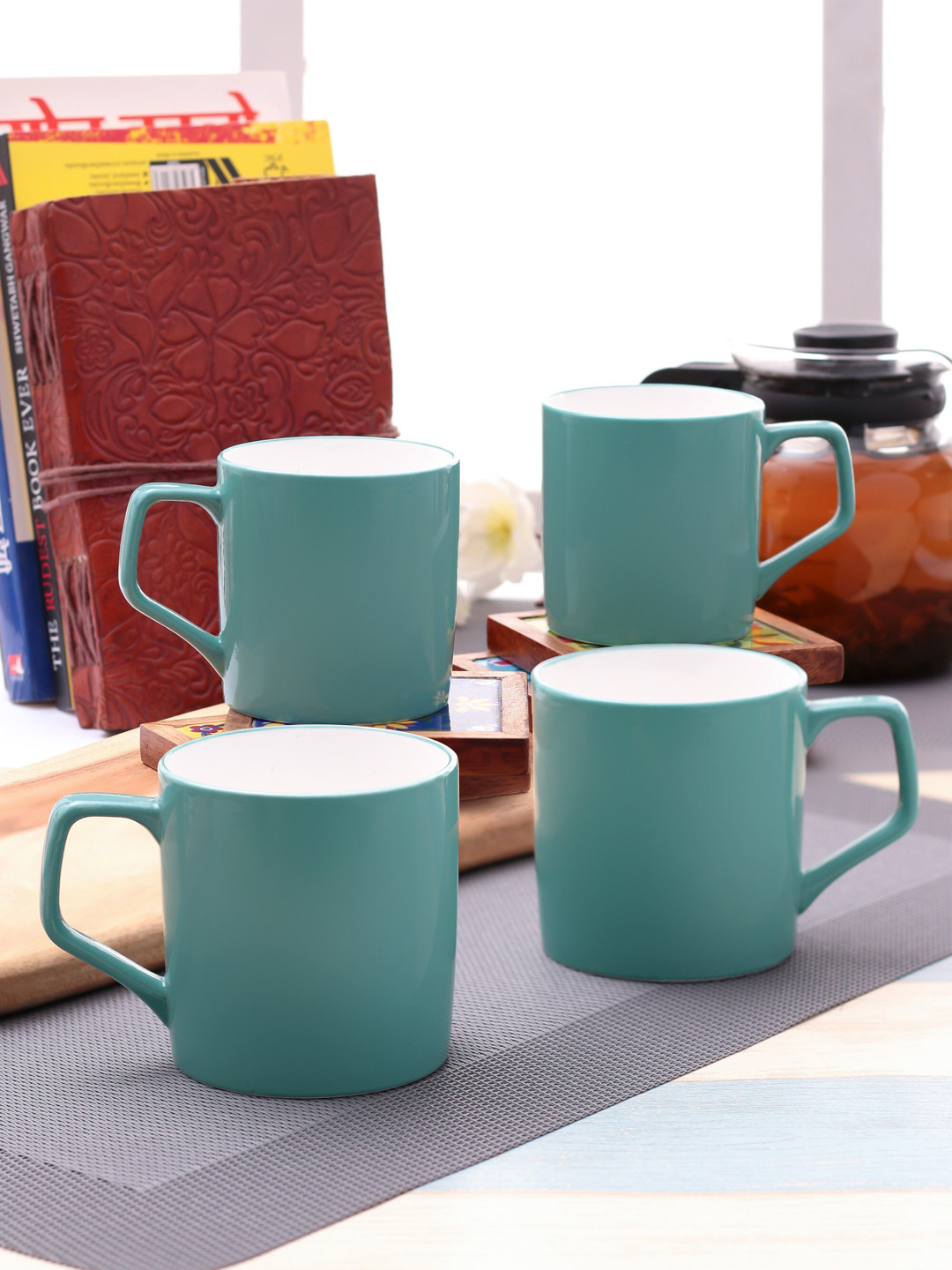 CLAY CRAFT My Love For You Teal Ceramic Microwave Safe 4 Piece Mugs-230ml