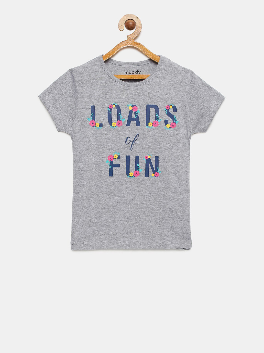 mackly Girls Grey Melange & Blue Printed Lounge T-shirt