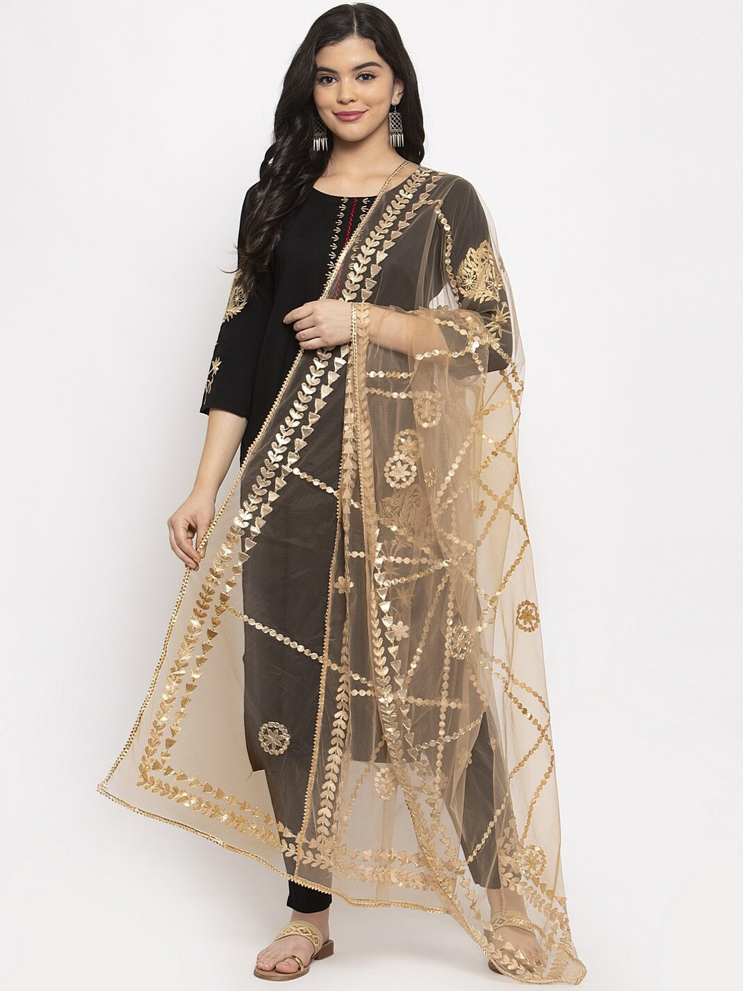 Clora Creation Beige Embroidered Gotta Patti Net Dupatta