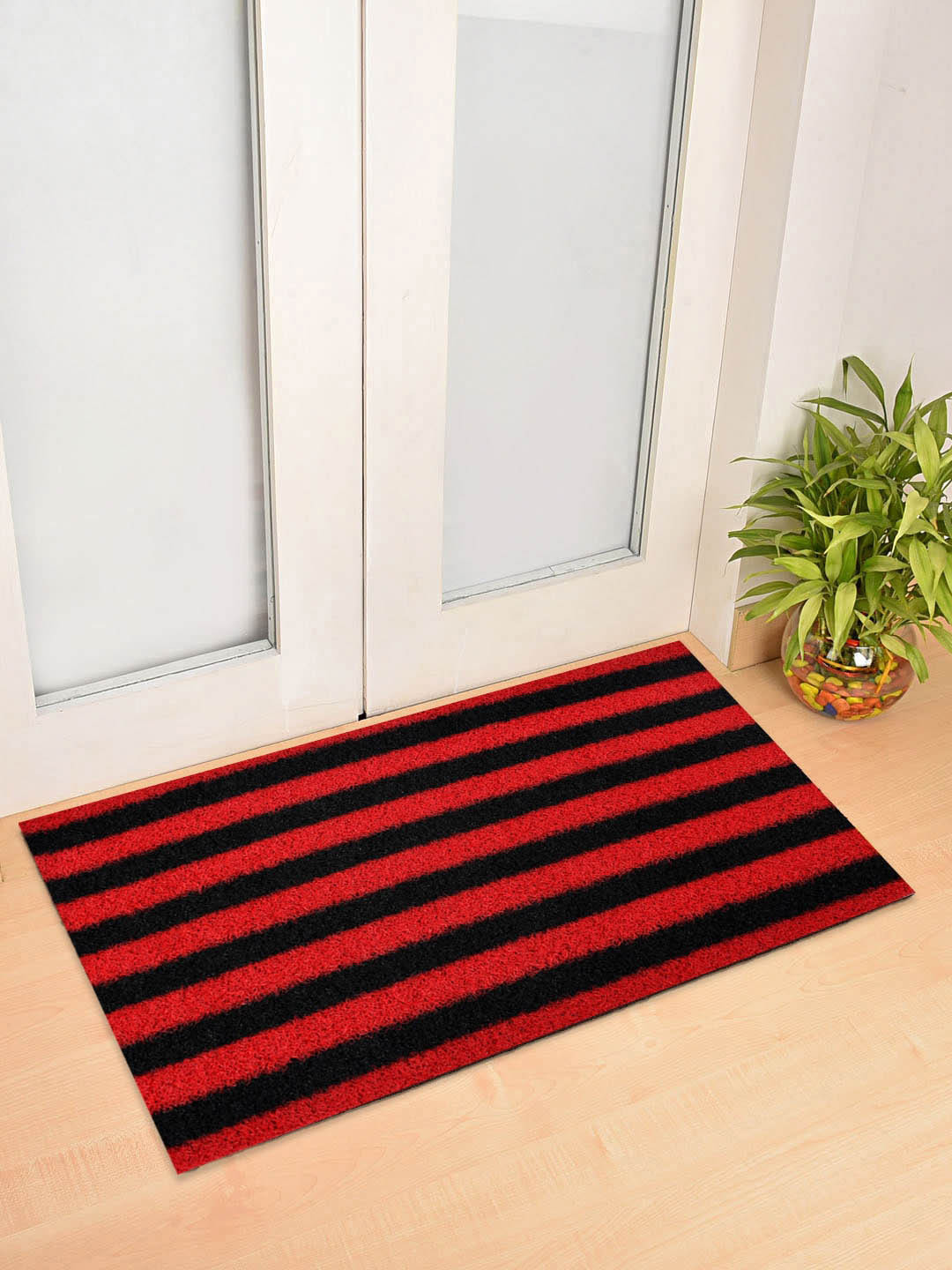 Kuber Industries Unisex Red & Black Striped Rubber Anti Slip Large Sized Door Mat