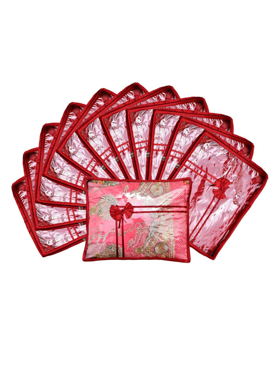 Kuber Industries Set Of 12 Maroon & Transparent Solid Satin Single Packing Saree Cover Organizers