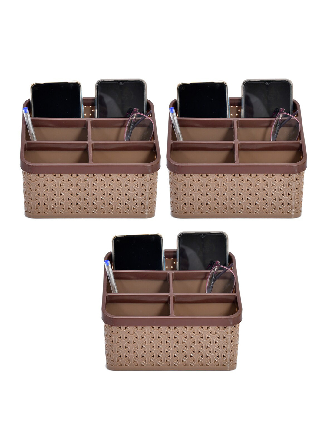 Kuber Industries Set Of 3 Brown Solid Compact Desk Organizer Stationary Boxes