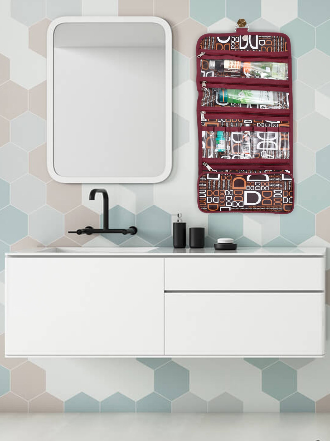 Kuber Industries Brown & White Printed Rexine Foldable Wall Hanging Organiser Kit