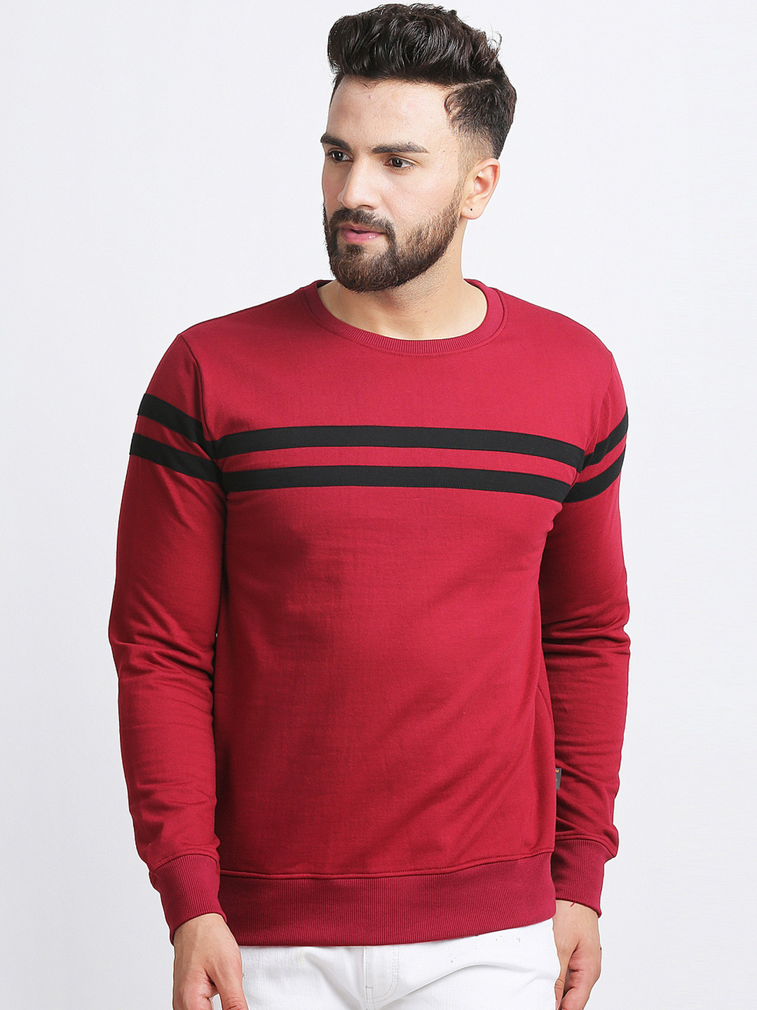 Rodzen Men Maroon Striped Pullover