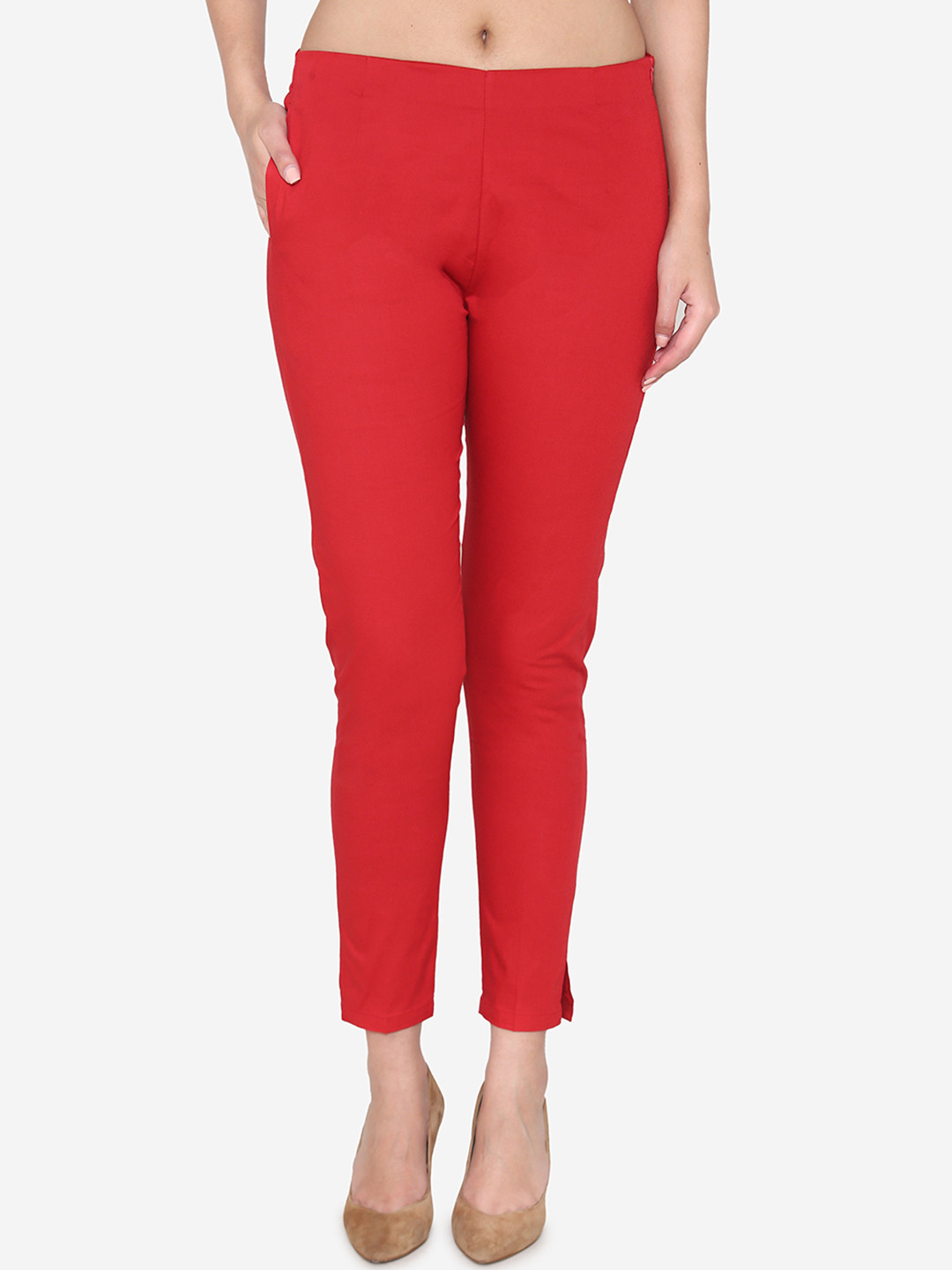 Vami Women Red Classic Regular Fit Solid Cigarette Trousers