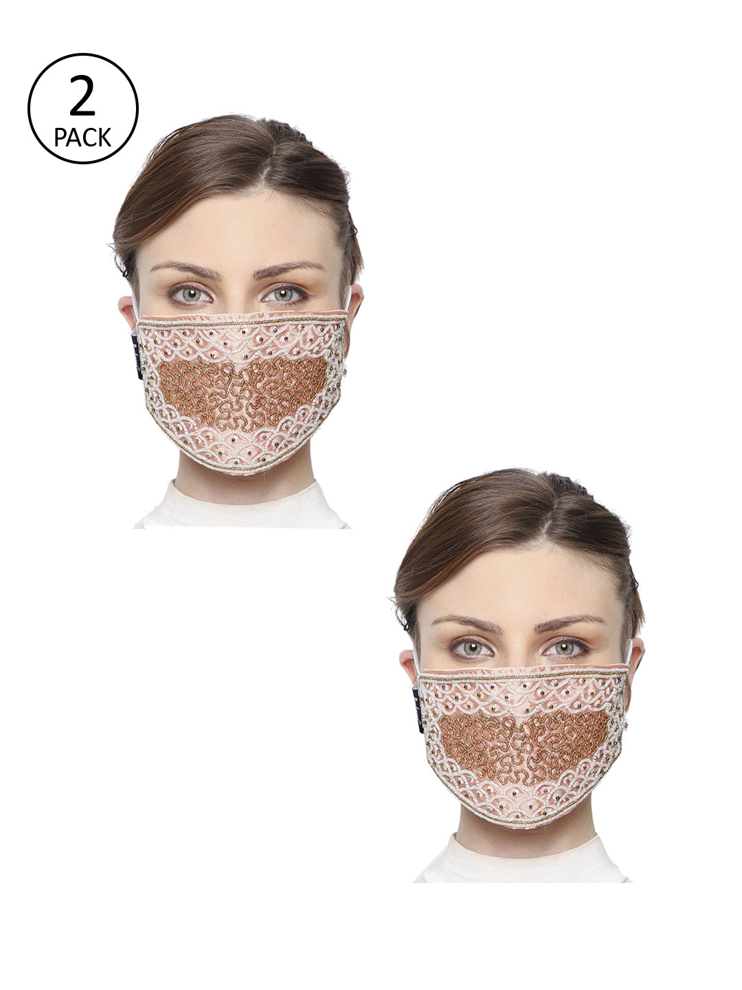 Anekaant Women 2 Pcs Peach Coloured Embellished 3-Ply Anti-Pollution Reusable Cloth Masks