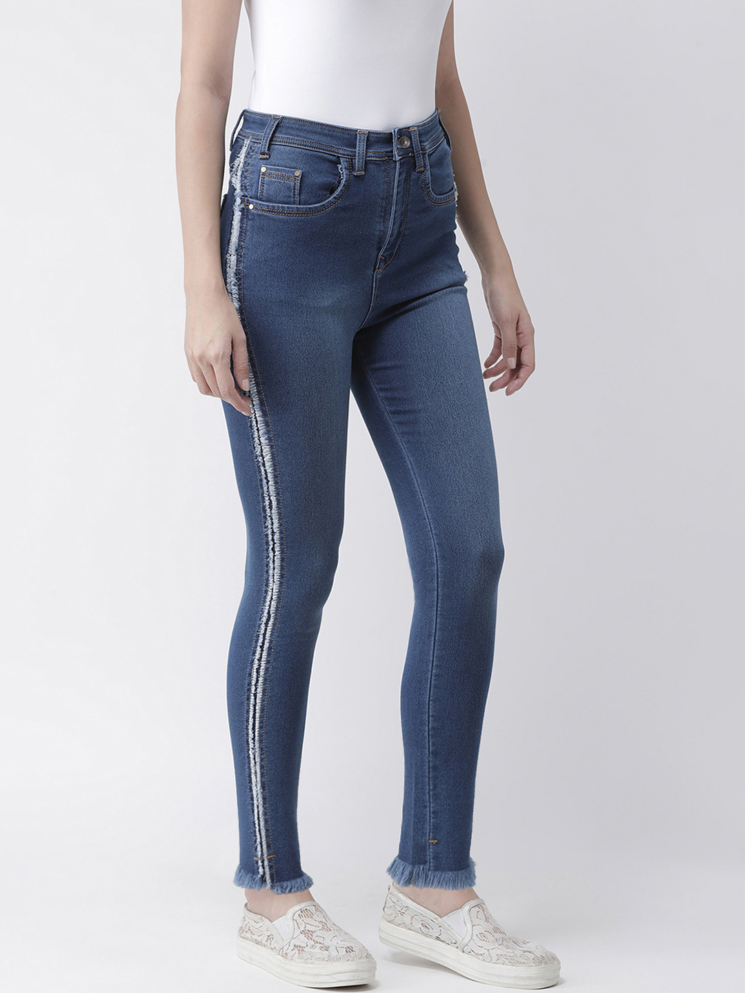 KASSUALLY Women Navy Blue Skinny Fit Mid-Rise Clean Look Jeans with Side Stripes