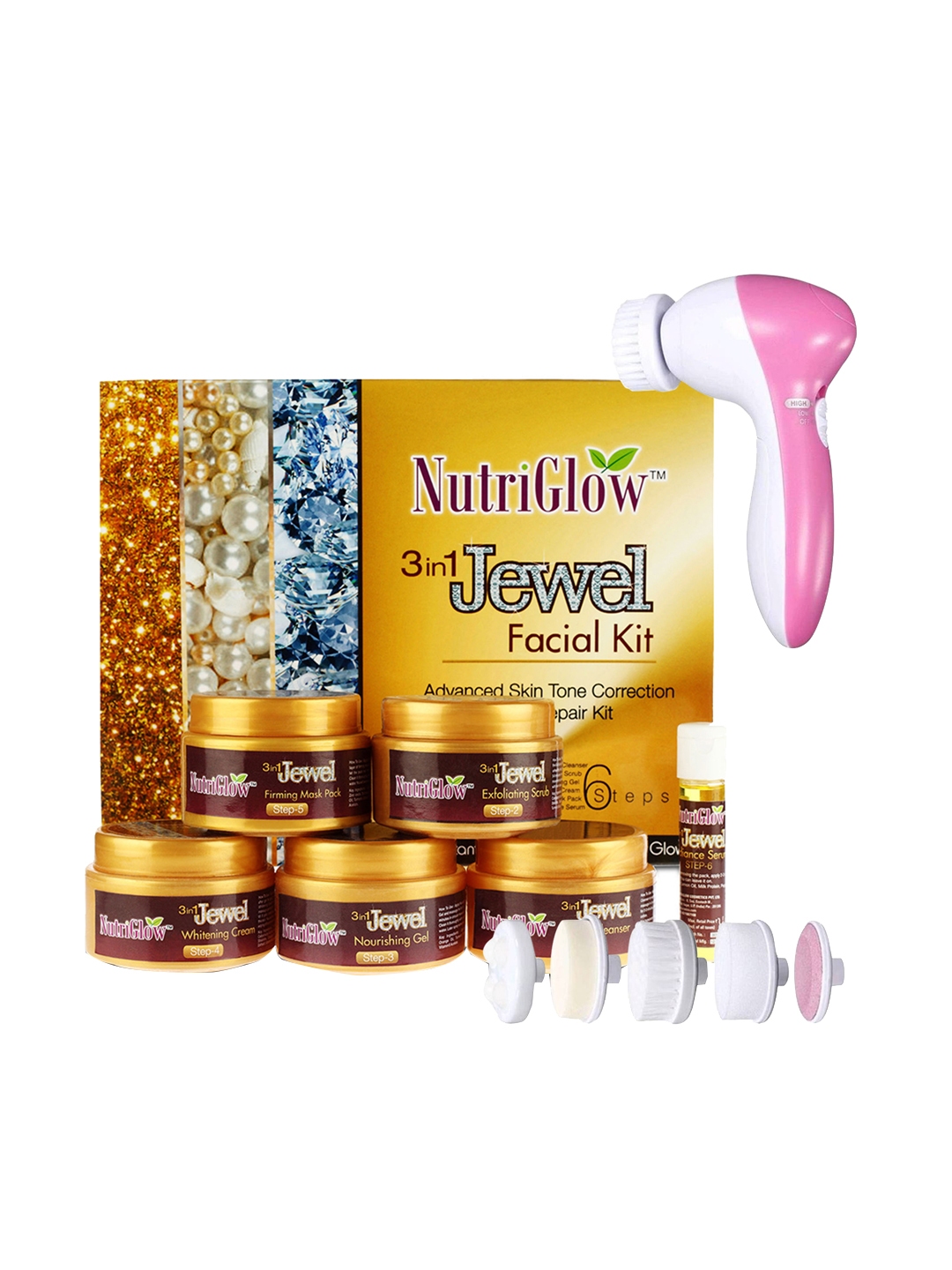 NutriGlow Unisex 3 in 1 Jewel Facial Kit with 5 in 1 Portable Face Massager