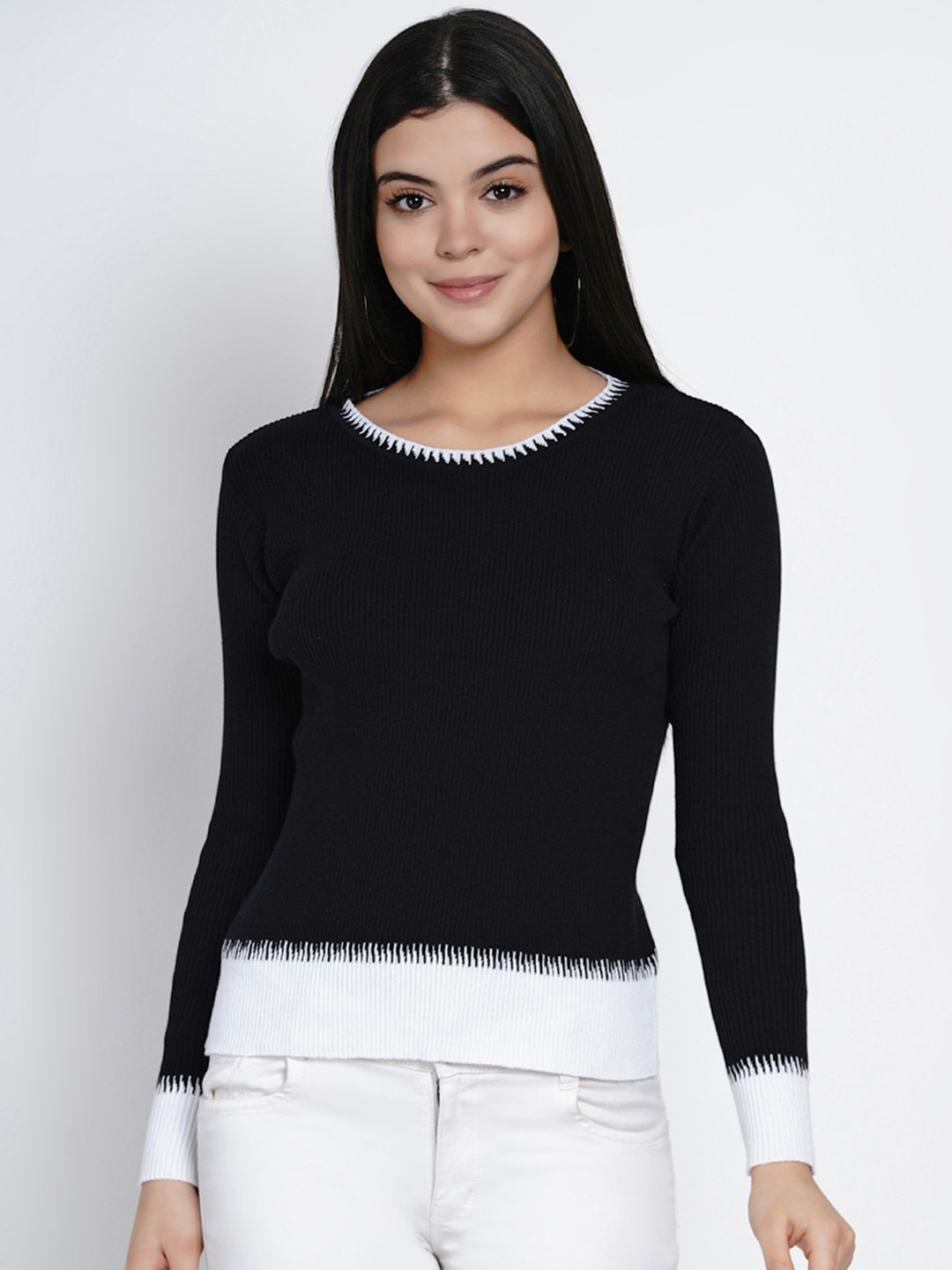 ARMISTO Women Black & White Ribbed Pullover Sweater