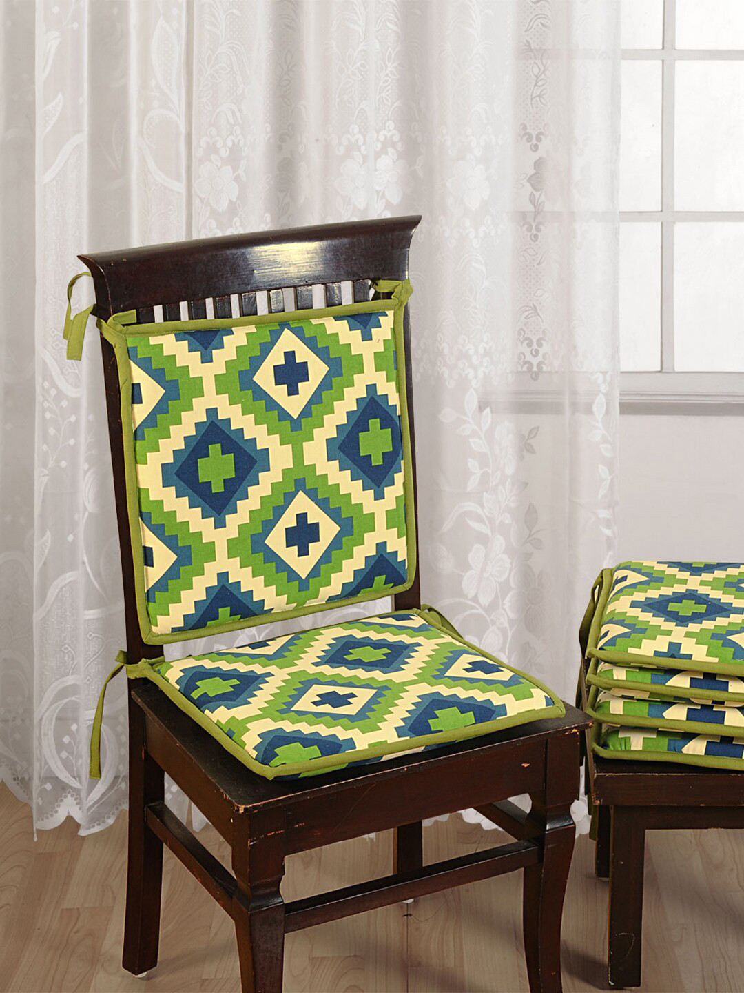 SWAYAM Green & Navy Blue Set of 4 Printed Chair Pads with Loops