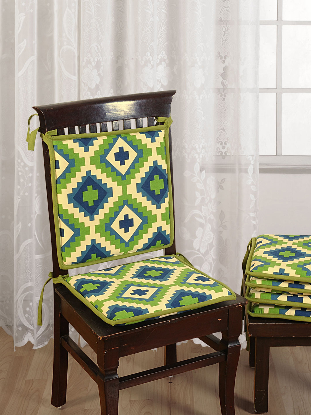 Swayam Set of 2 Navy Blue & Green Chair Pads with Loops