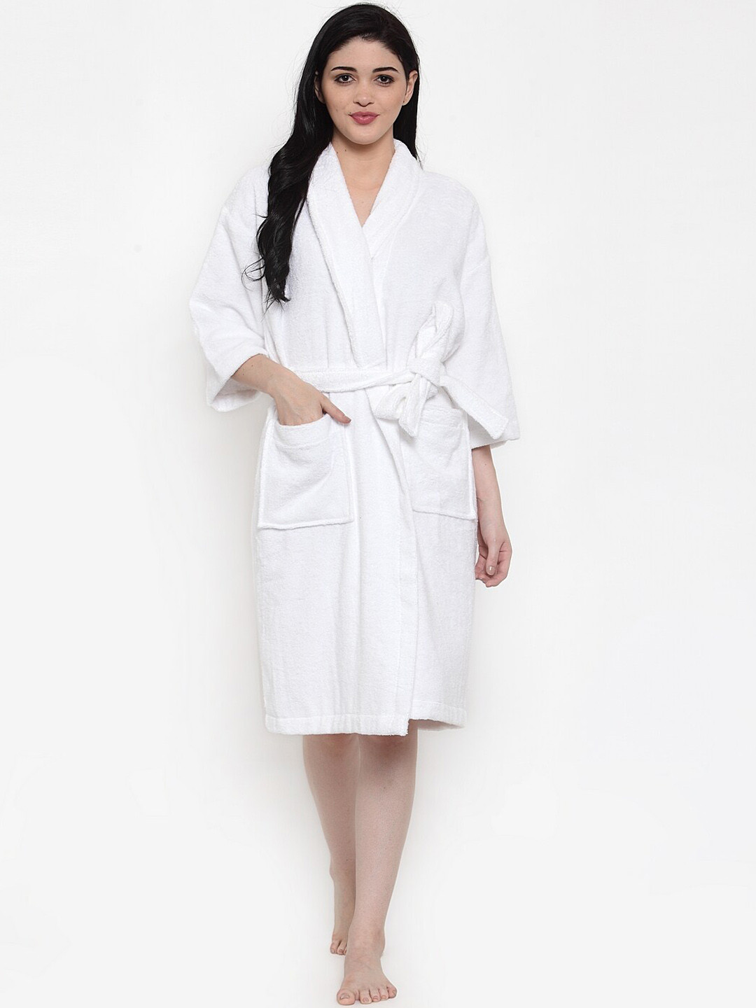 MYTRIDENT Bliss White Solid Cotton Drawstring Knee Length Bath Robe-M