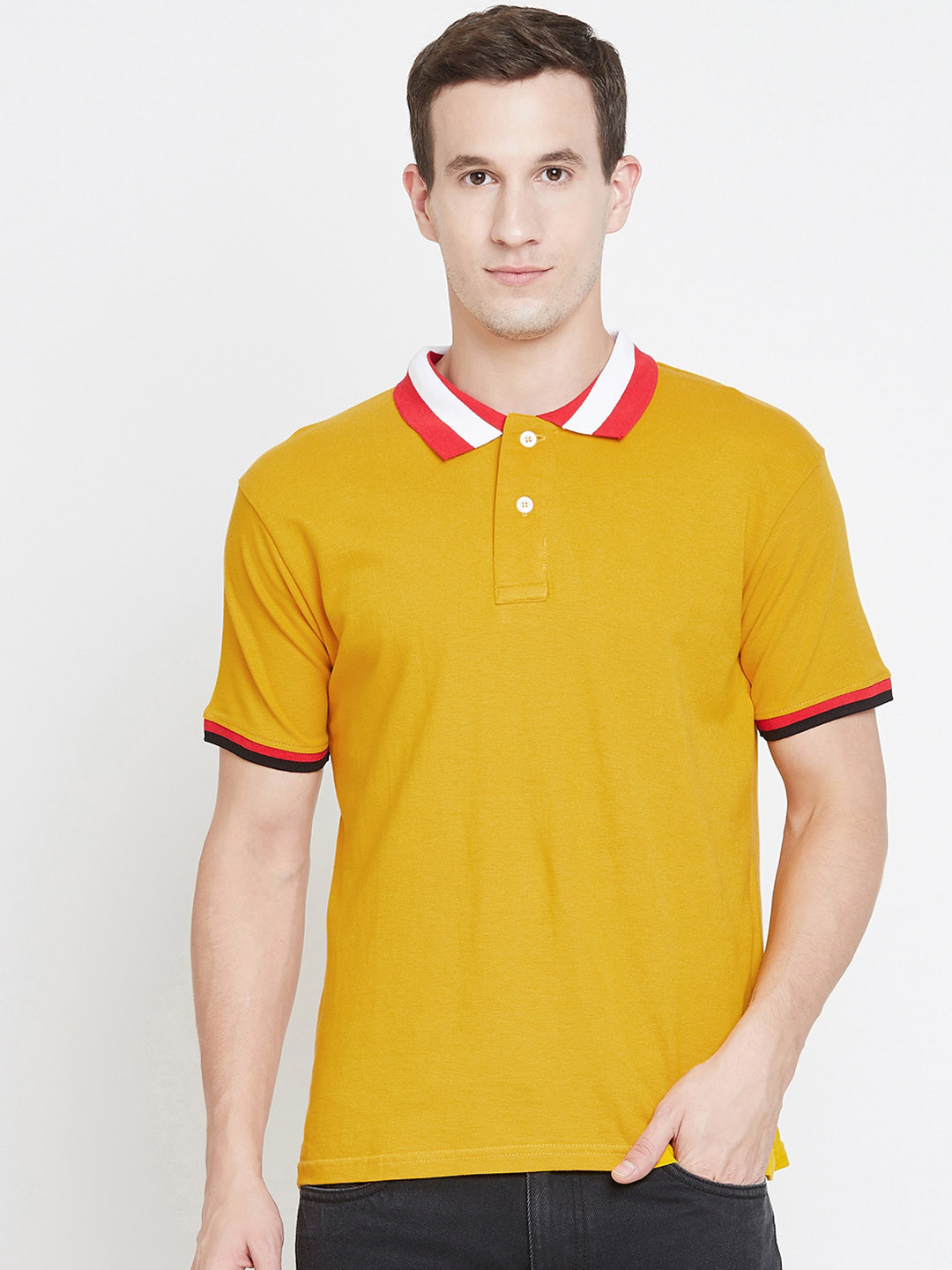 The Dry State Men Mustard Yellow Solid Polo Collar T-shirt