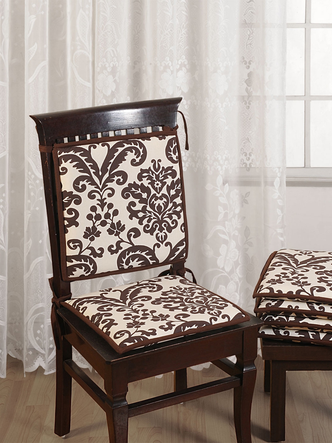 SWAYAM Off White Brown Set of 2 Printed Chair Pads Standard Size with Loops 40 X 40 Cm